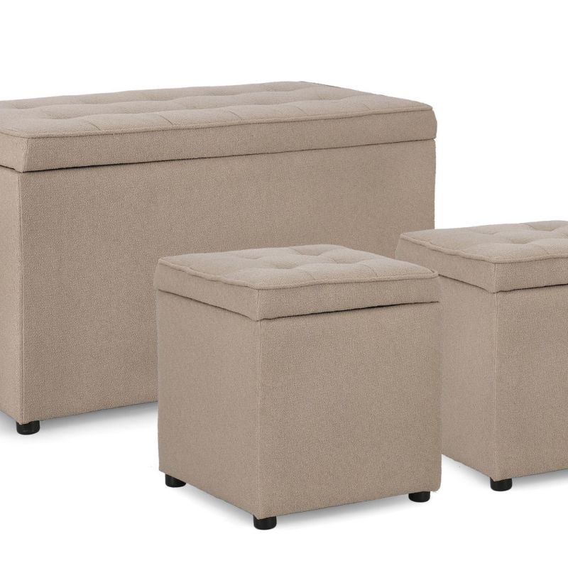 Zestaw 3w1 – ławka i dwie pufy Bouclé