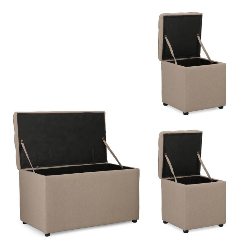 Zestaw 3w1 – ławka i dwie pufy Bouclé