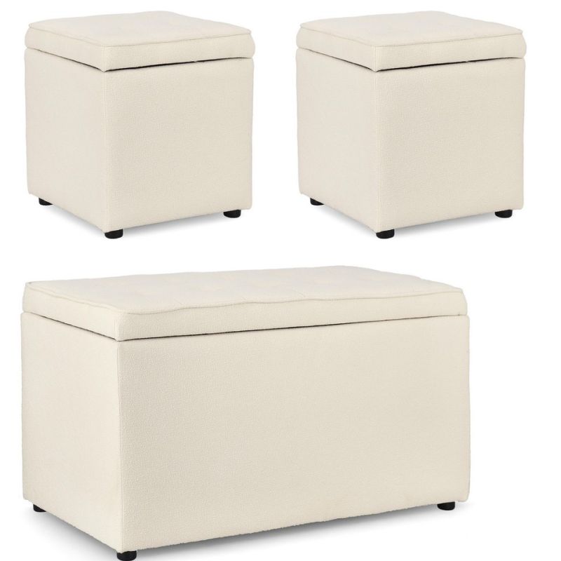 Zestaw 3w1 – ławka i dwie pufy Bouclé